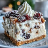 Slices of spiced Christmas Cheesecake Slab topped with whipped cream and festive dried fruits.