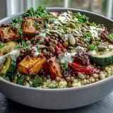 Savory Lentil Power Bowl with fluffy quinoa and vibrant roasted vegetables, drizzled in creamy tahini dressing for a wholesome, satisfying meal.