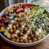 Golden roasted vegetables and spiced chickpeas top a bowl of fluffy quinoa in this Chickpea Power Bowl.