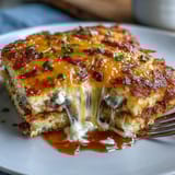 Amish Breakfast Casserole with Hash Browns, Eggs and Sausage in a golden, cheesy baked dish, loaded with savory sausage and crispy potatoes.