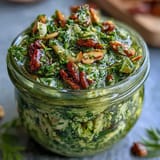 Bright dandelion pesto with garlic and pine nuts, a vibrant, slightly bitter spread perfect for pasta or sandwiches.
