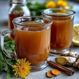 Warm cup of dandelion root tea with ginger and turmeric, served with a slice of lemon and a drizzle of honey for a soothing, anti-inflammatory drink.