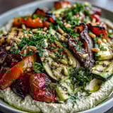 A vibrant, healthy platter of grilled zucchini, bell peppers, and eggplant served with smooth, homemade hummus and a sprinkle of fresh parsley.  