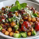 Vibrant cold chickpea salad featuring lemon-herb dressing, fresh cucumbers, and juicy cherry tomatoes—perfect for a light summer meal.