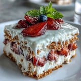 Strawberry no-bake icebox cake featuring fluffy whipped cream and crunchy graham crackers.