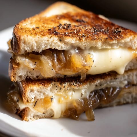 Crispy, golden sourdough slices stuffed with sweet caramelized onions and gooey sharp cheddar, perfect for a cozy vegetarian lunch.  