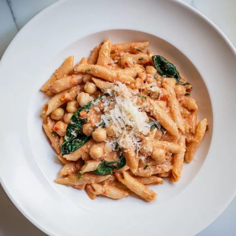 Creamy Tuscan Chickpea Pasta is served in a white bowl, garnished with fresh basil and extra Parmesan.