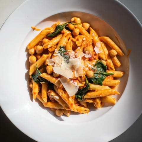 A skillet of Creamy Tuscan Chickpea Pasta features vibrant spinach and a rich, garlicky tomato cream sauce.