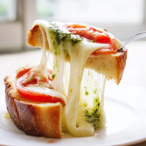 Golden melted mozzarella and ripe tomato slices peek from between grilled sourdough bread, generously spread with vibrant green basil pesto.