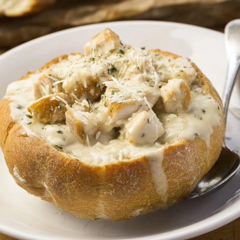 Freshly baked bread bowl filled with saucy chicken Alfredo, garnished with parsley and extra Parmesan, ready to serve.  