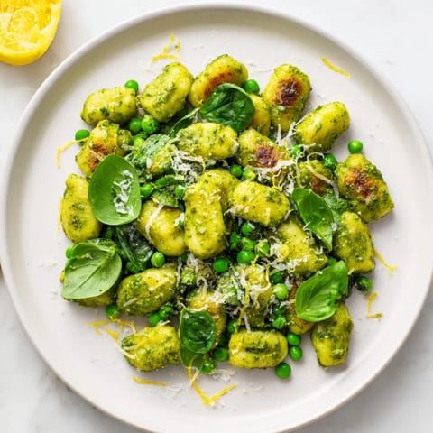 Golden, crispy gnocchi coated in vibrant basil pesto and sweet green peas, served hot in a skillet for a quick Italian-inspired dinner.