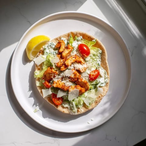 Warm pita bread stuffed with Crispy Chicken Caesar Pita, featuring shaved Parmesan and juicy cherry tomatoes.