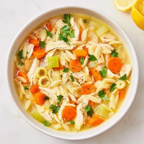 Tender shredded chicken and orzo pasta swim in a bright, steaming lemon pepper broth in a rustic bowl.  