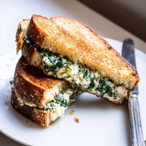 Artichoke Spinach Grilled Cheese sandwich with golden sourdough and melted cheese, served warm.