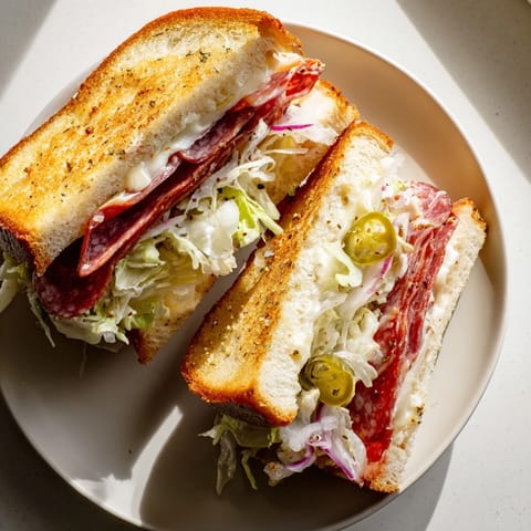 Golden, melty Italian Sub Grilled Cheese sandwiches sit on a white plate, loaded with salami, provolone, and tangy shredded lettuce.