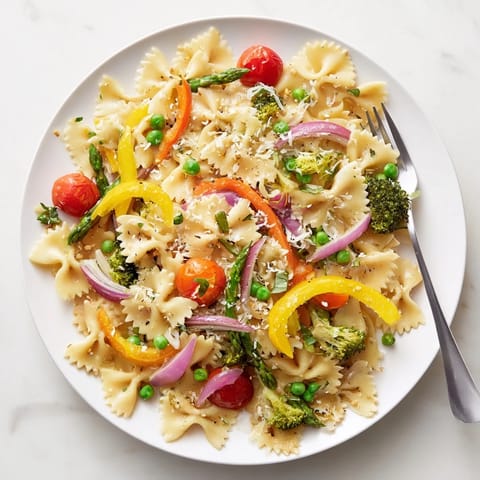 A close-up of a warm plate of Rainbow Veggie Pasta Primavera, featuring tender broccoli, red peppers, and carrots tossed in a light, lemony garlic sauce.