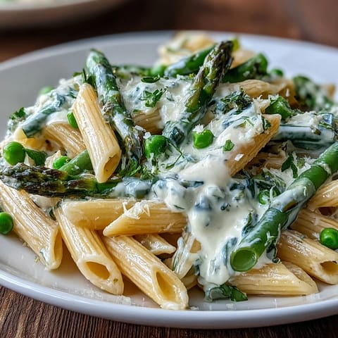 A close-up of Garlic Parmesan Spring Vegetable Pasta in a white bowl, showcasing penne with bright green asparagus, peas, and green beans coated in a creamy, glistening sauce.