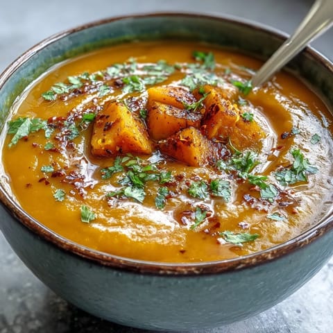 Hearty Butternut Squash and Lentil Soup, creamy, loaded with vibrant fall colors.