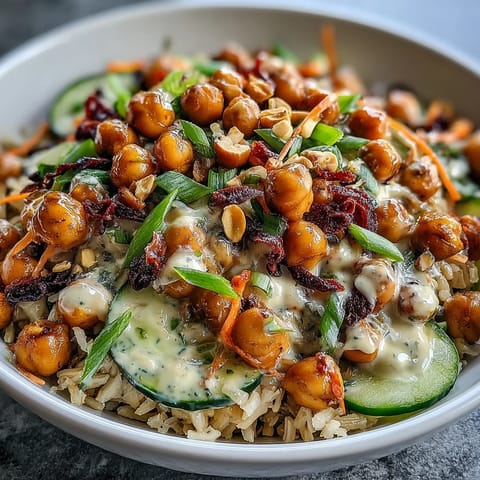 Hearty Peanut Chickpea Rice Bowl, vibrant with fresh veggies and crunchy peanuts.