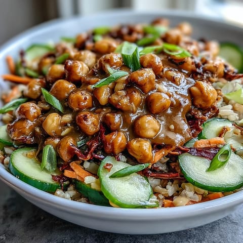 Colorful Peanut Chickpea Rice Bowl topped with delicious zesty peanut dressing.