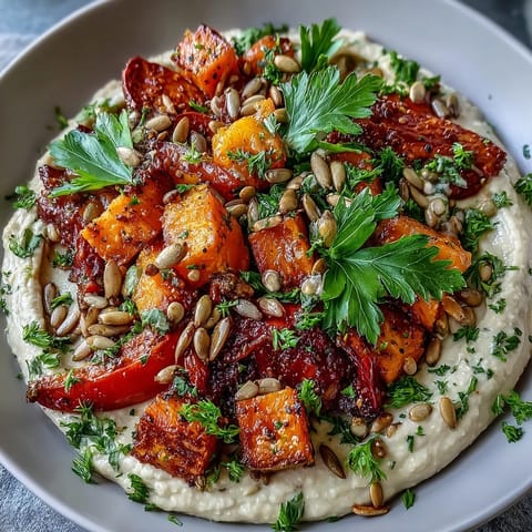 Hearty, colorful Roast Squash and Hummus Winter Salad with crunchy toasted seeds.