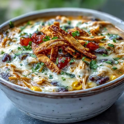 Hearty bowl of Easy Chicken Tortilla Soup topped with crunchy tortilla strips, fresh cilantro, and a lime wedge.