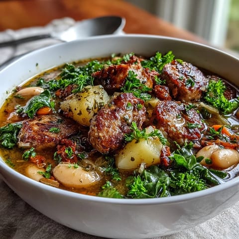 Hearty Tuscan White Bean Sausage Soup simmering in a pot, with vibrant kale, diced potatoes, and aromatic Italian herbs visible.