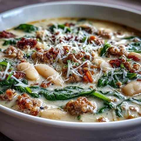Creamy Tuscan White Bean Soup With Sausage steams in a rustic bowl with spinach and carrots, served with crusty bread for dipping.