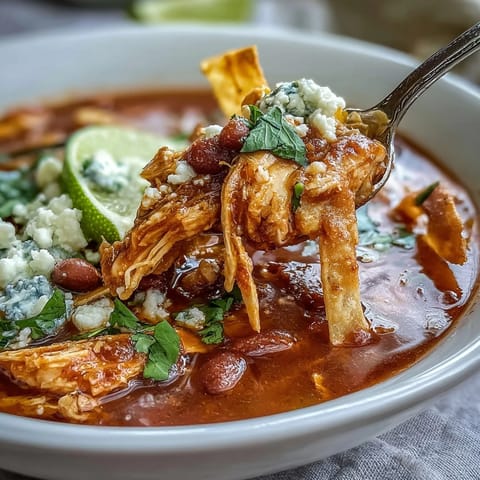Golden, crunchy tortilla strips and creamy avocado slices top a hearty serving of Chicken Tortilla Soup.  