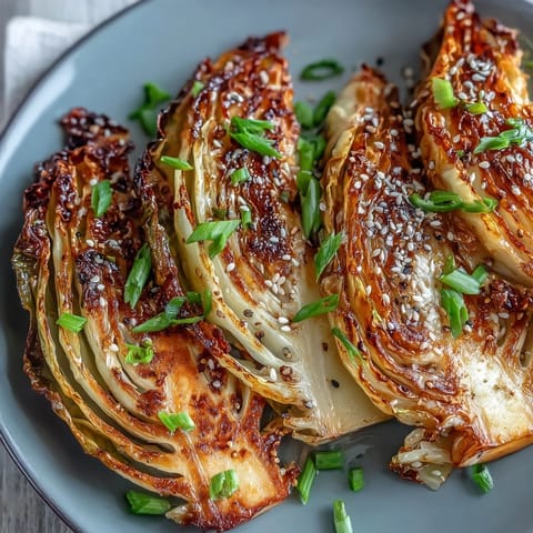 Miso Butter Roasted Cabbage Wedges served hot on a platter with green onions.