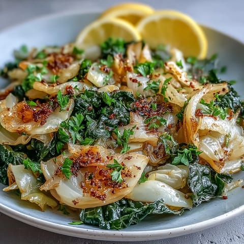 Tender green cabbage with garlic and Mediterranean spices served hot from the pan, ideal for a quick vegan side dish.