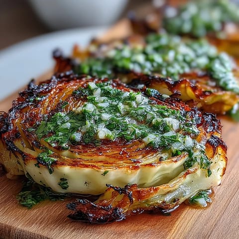 Thick, golden cabbage steaks roasted and topped with vibrant jalapeño chimichurri.
