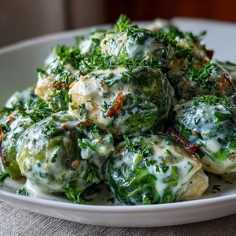 Freshly cooked Brussels sprouts in cream cheese-mustard sauce swirl in a creamy Dijon sauce with onion and garlic.