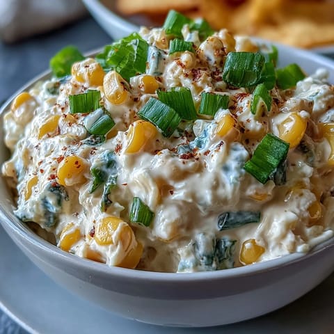 Golden brown Crack Corn Dip is spooned from a baking dish, topped with green onions, beside crispy tortilla chips.