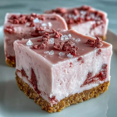 No-Bake Strawberry Fudge Squares sit on a white plate, showcasing their vibrant pink hue and fresh strawberry garnish.