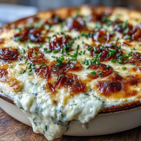Creamy baked Smoked Gouda & Onion Dip bubbling golden in a dish, topped with fresh chives and served with tortilla chips.