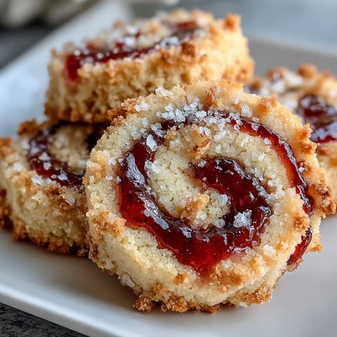 Freshly baked Raspberry Swirl Shortbread Cookies on a wire rack, showing golden edges and a glistening jam swirl in the center.