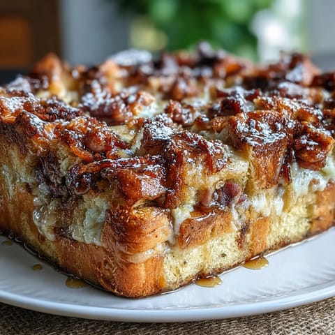 Freshly baked Monte Cristo Breakfast Casserole topped with powdered sugar and drizzled with maple syrup.