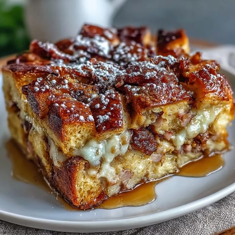 Golden-brown slices of Monte Cristo Breakfast Casserole reveal layers of ham, turkey, and Swiss cheese.