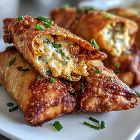 Golden, crispy Buffalo Chicken Dip Egg Rolls are shown on a plate with ranch dip and celery sticks, perfect for game day snacking.