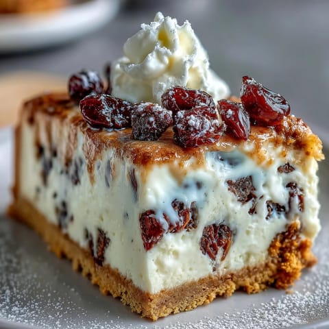 Freshly baked Christmas Cheesecake Slab with a golden biscuit crust and a dusting of powdered sugar.