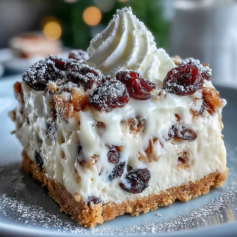 Slices of spiced Christmas Cheesecake Slab topped with whipped cream and festive dried fruits.