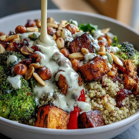 Overhead view of a vibrant Meal Prep Week-Long Power Bowl featuring roasted sweet potatoes, chickpeas, and a rich tahini dressing drizzled over fresh greens.