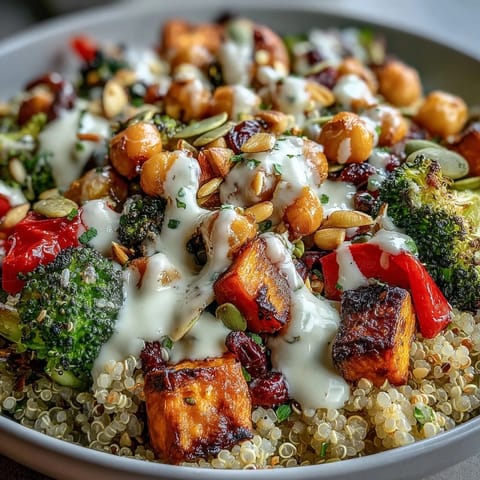 A close-up of a wholesome Meal Prep Week-Long Power Bowl, showcasing fluffy quinoa, black beans, cherry tomatoes, and crunchy pumpkin seeds for a healthy lunch.