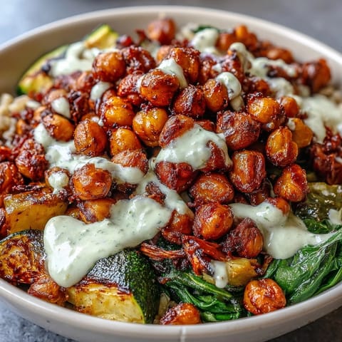 Vibrant Roasted Chickpea Power Bowl filled with crispy chickpeas, quinoa, and colorful roasted vegetables topped with creamy tahini dressing.