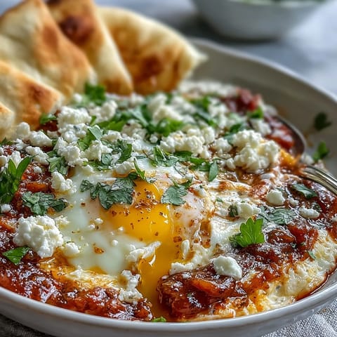 A close-up view of a Shakshuka Bowl featuring poached eggs in a rich, spiced tomato sauce with chopped peppers and herbs.