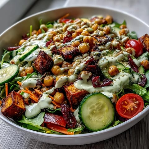 Roasted sweet potatoes and crispy chickpeas top this vibrant Breakfast Buddha Bowl with fresh veggies and creamy tahini drizzle.