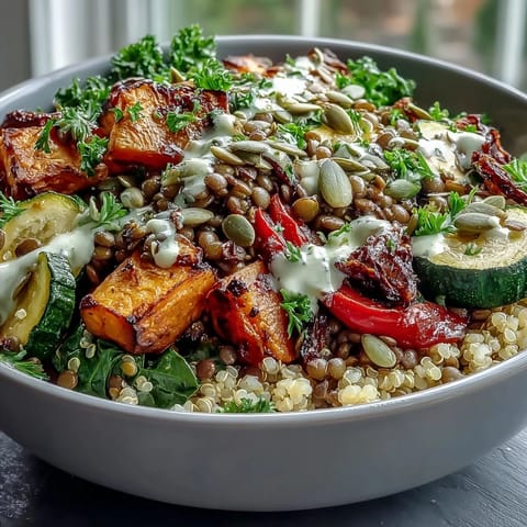 Savory Lentil Power Bowl with fluffy quinoa and vibrant roasted vegetables, drizzled in creamy tahini dressing for a wholesome, satisfying meal.