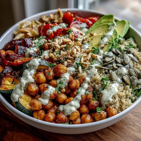Golden roasted vegetables and spiced chickpeas top a bowl of fluffy quinoa in this Chickpea Power Bowl.