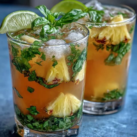 A tall glass of Pineapple Basil Agua Fresca with fresh pineapple wedges and basil sprigs on the rim, served over ice.
